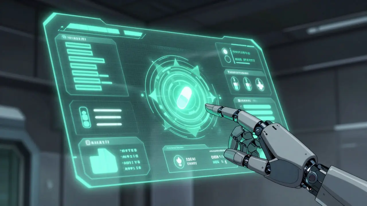 Holographic interface displaying abstract medication data in mecha style