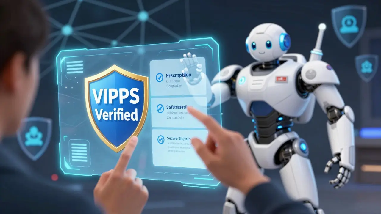 Holographic shield verifying safe online pharmacy credentials