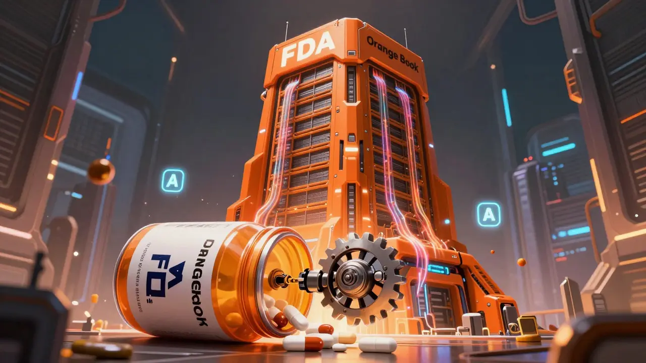 Massive orange mechanical tower representing FDA drug database with holographic codes