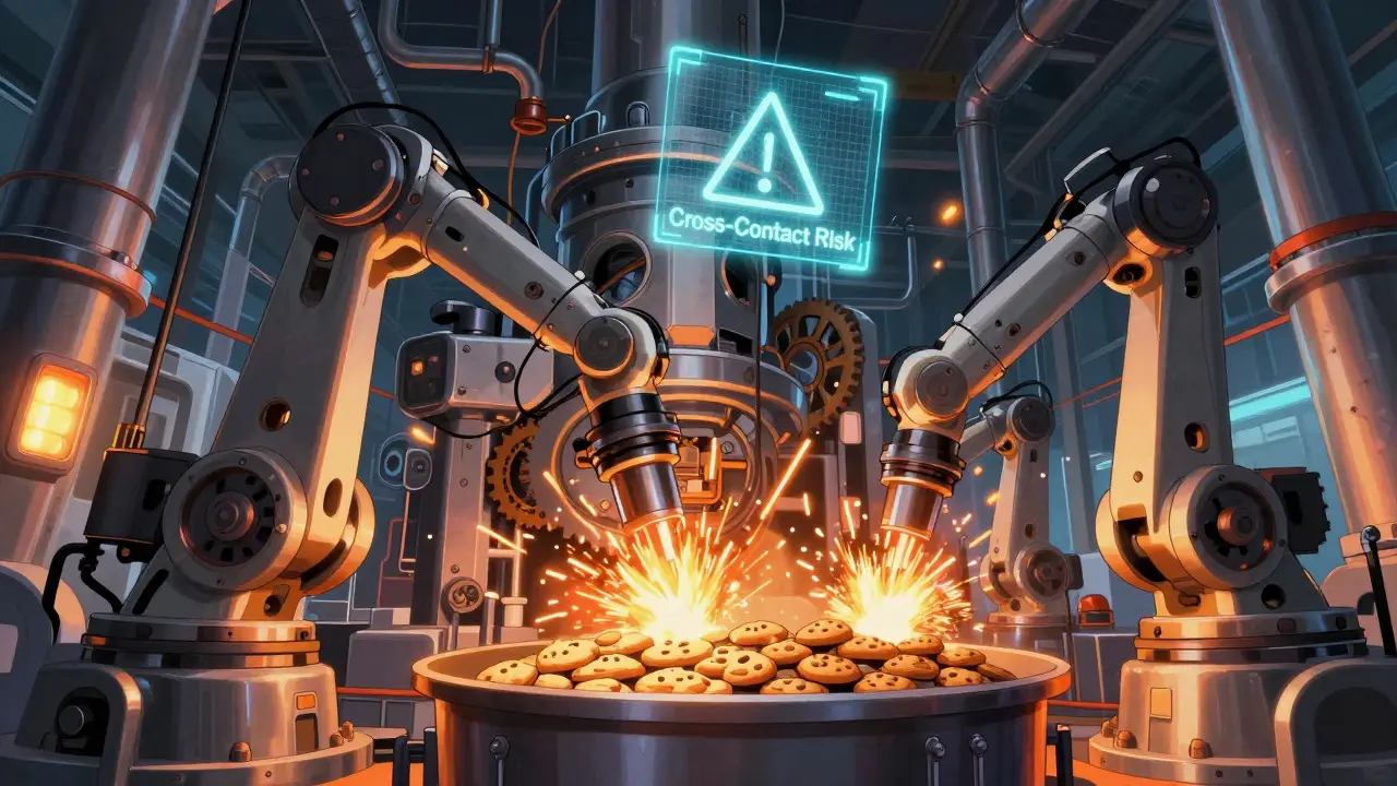 Mecha-style factory machinery processing food with cross-contact risk warnings
