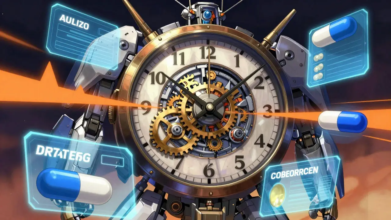 Mechanical clock and pill capsules illustrating dosing timing in mecha anime