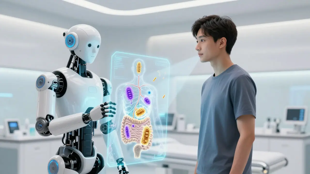Medical android scanning patient's personalized microbiome profile