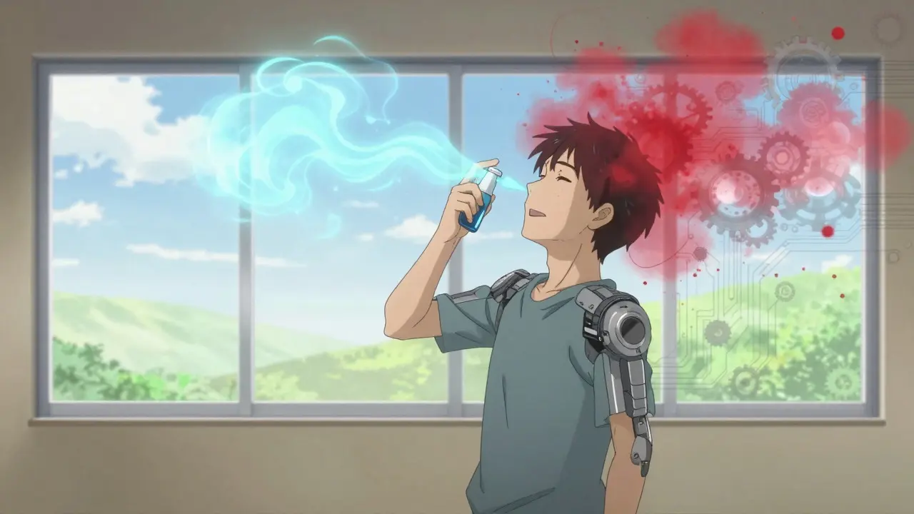 Person using nasal spray with blue mist clearing away red allergen clouds