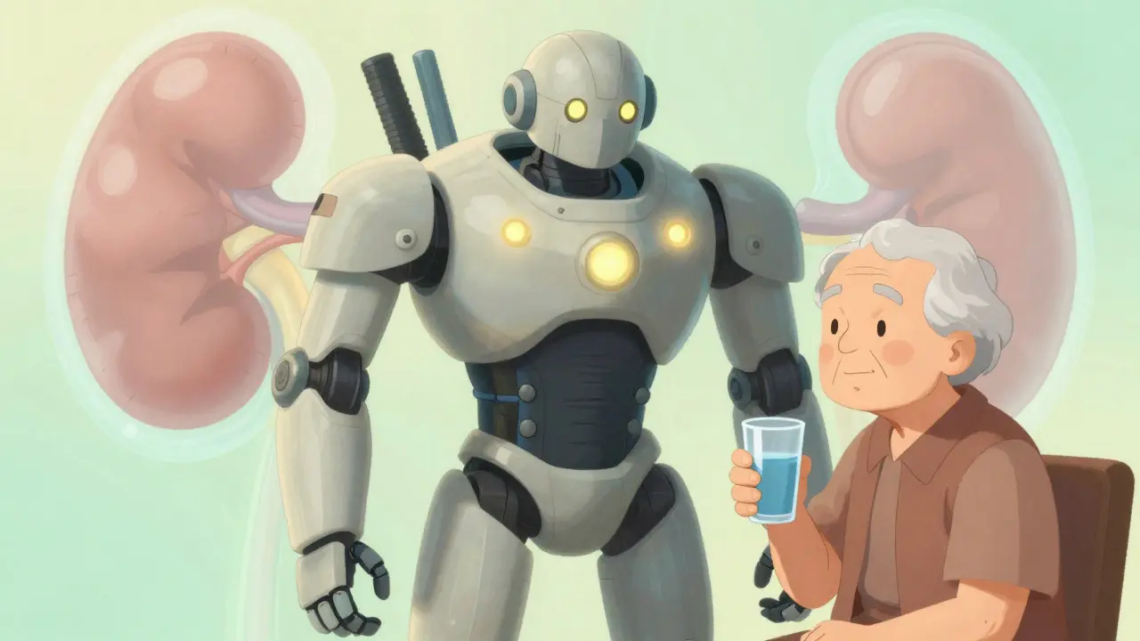 Protective mecha robot assisting elderly patient with hydration in anime
