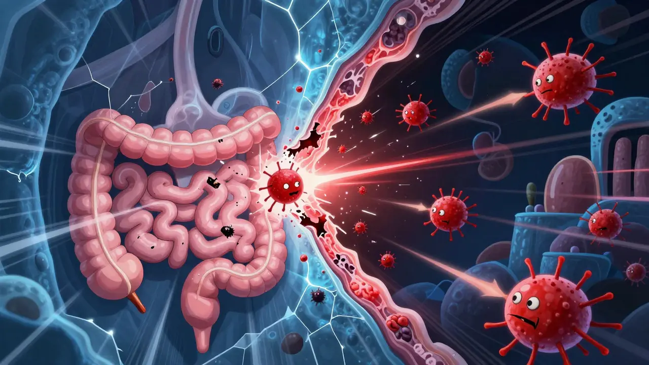 Robotic bacteria breaching the intestinal barrier in anime style