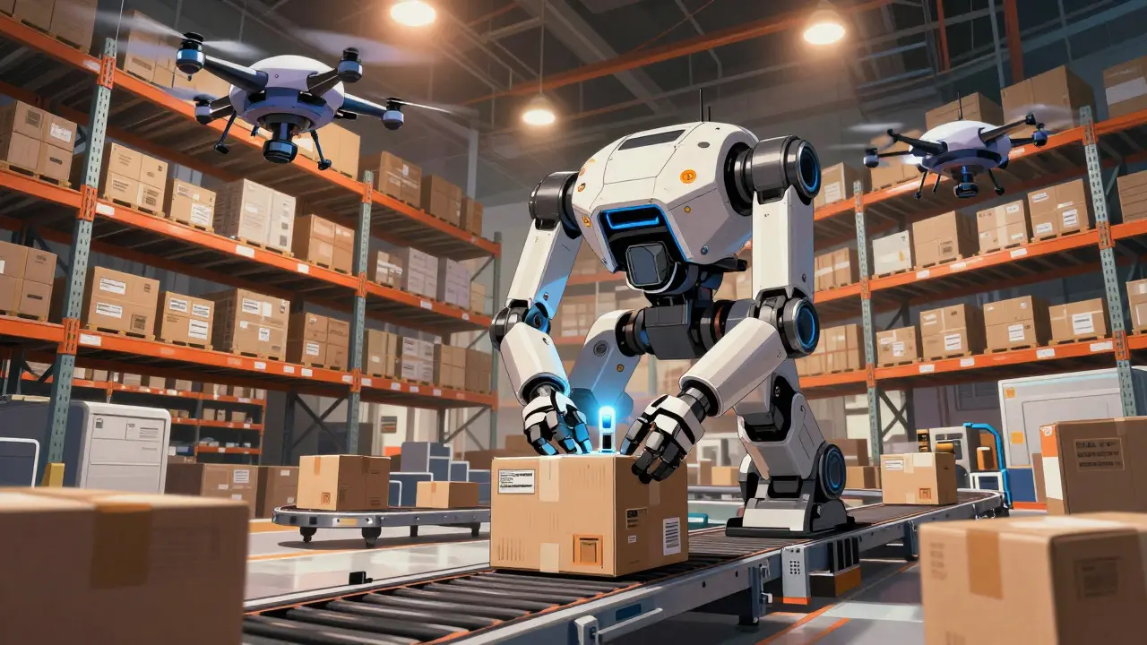 Robotic drones sorting packages in an automated warehouse
