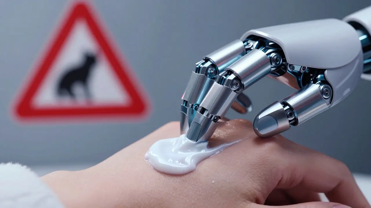 Robotic hand applying permethrin cream with pet safety warning nearby