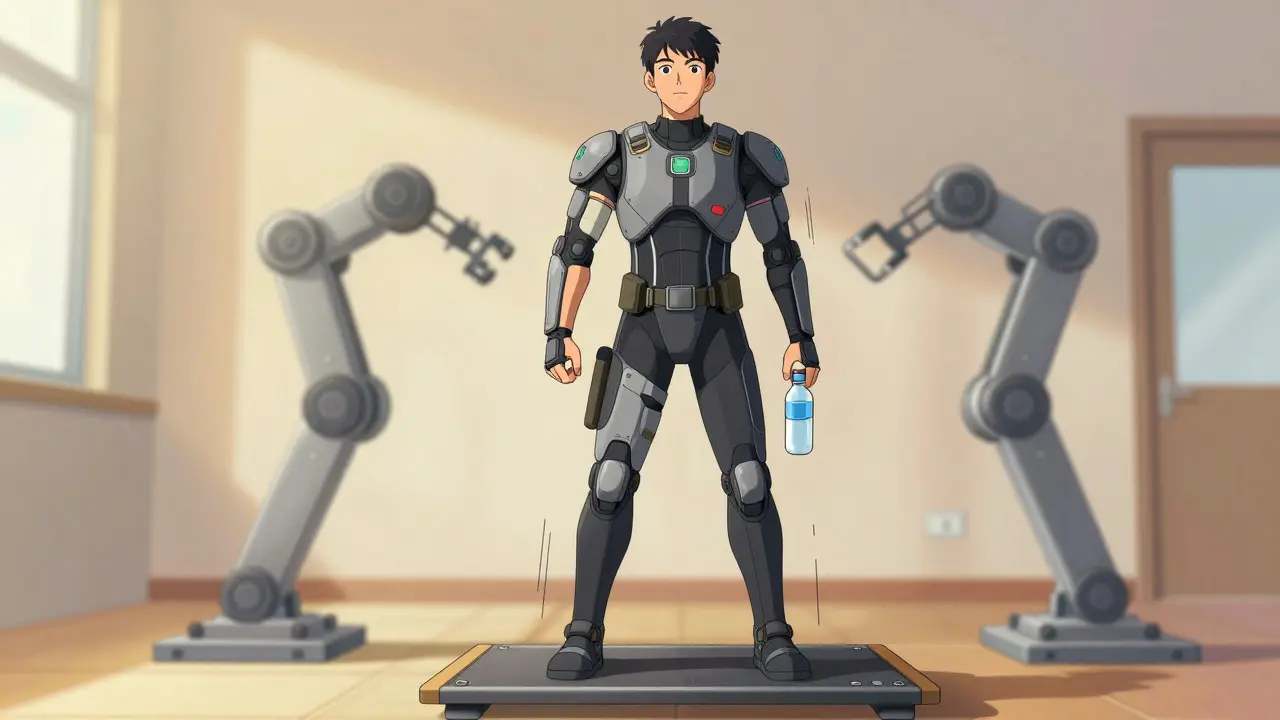 Stable character in compression gear holding water in an anime setting