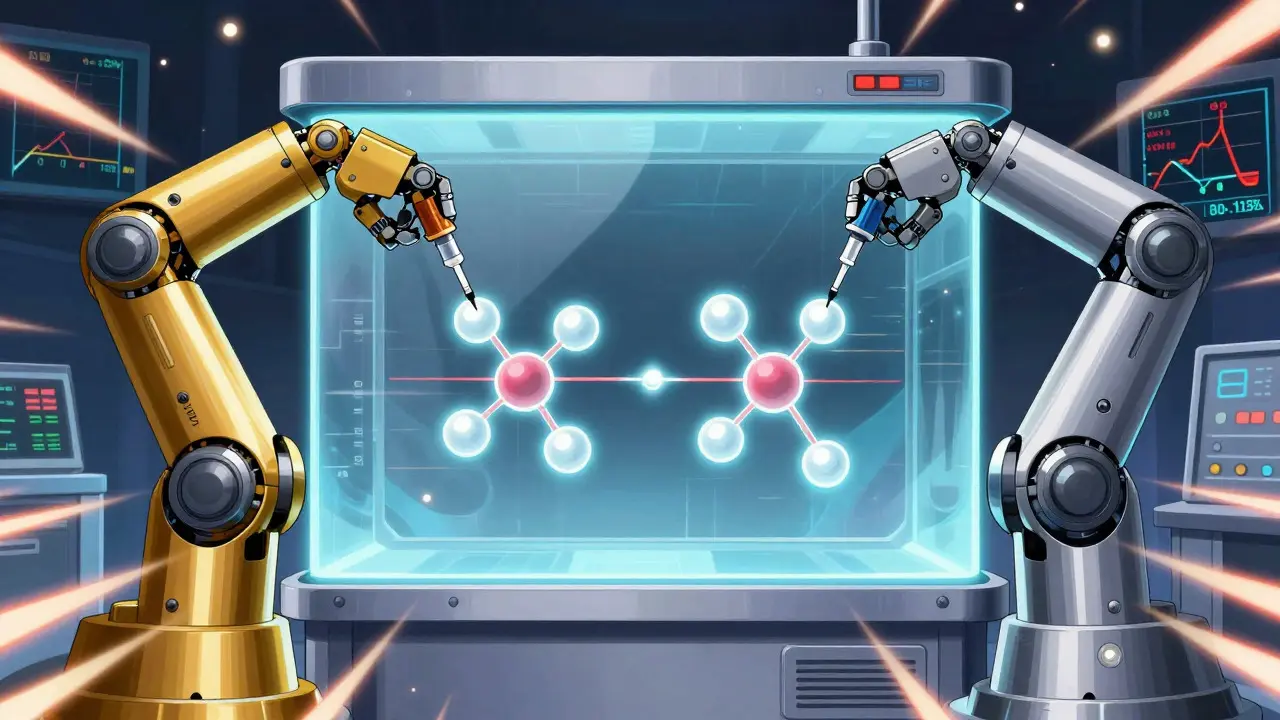Two robotic arms testing identical drug absorption in high-tech simulation chamber