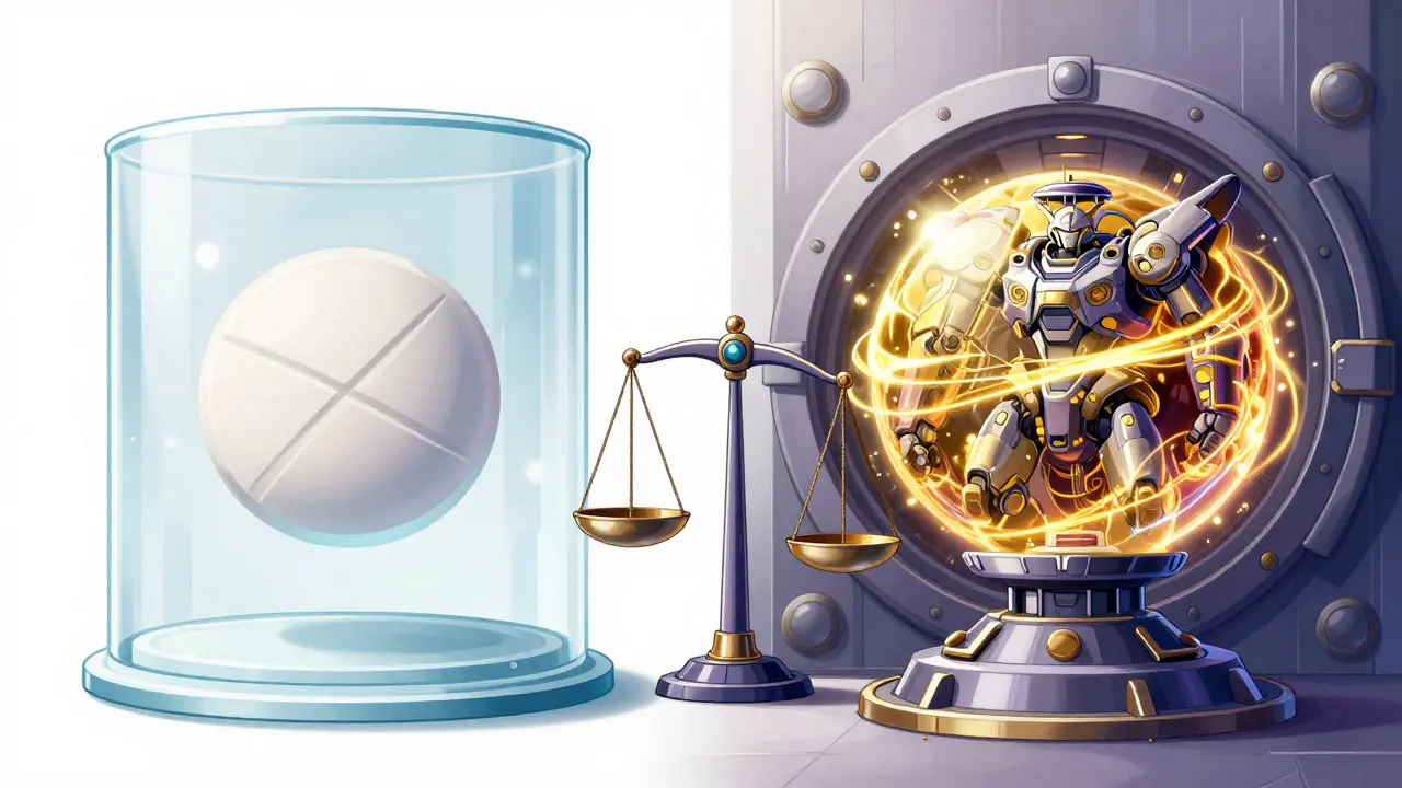 Visual comparison of simple synthetic pills versus complex biologic orbs