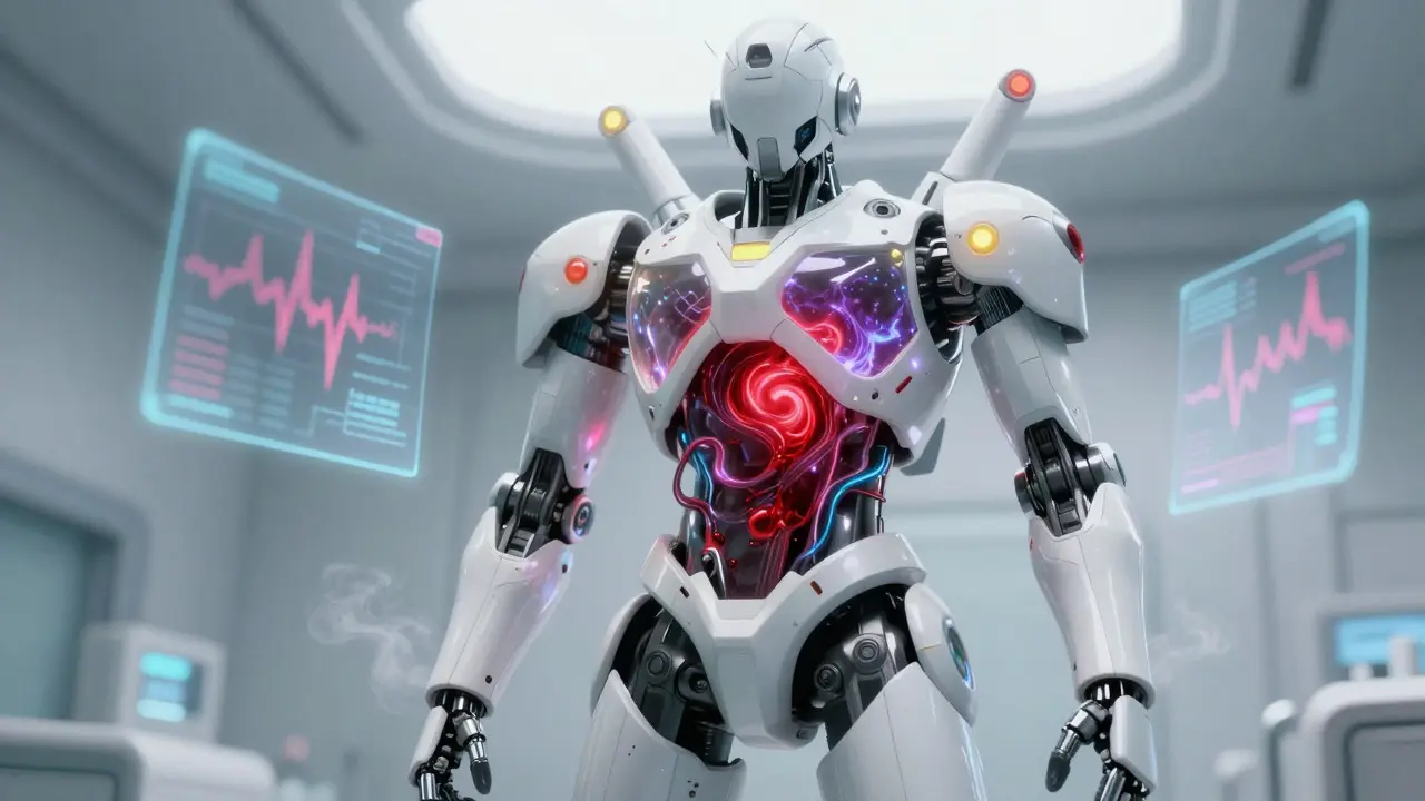 White mecha suit with chaotic red energy inside chest in a medical bay