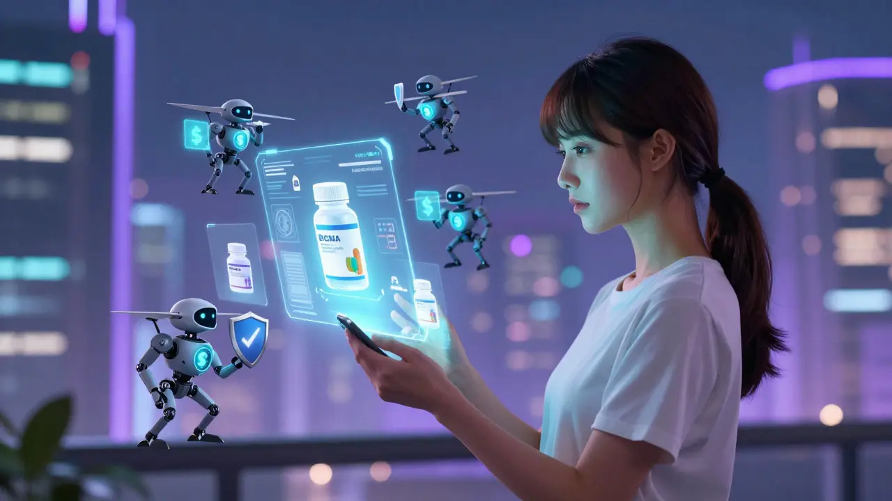 Woman using holographic interface to verify online pharmacy safety