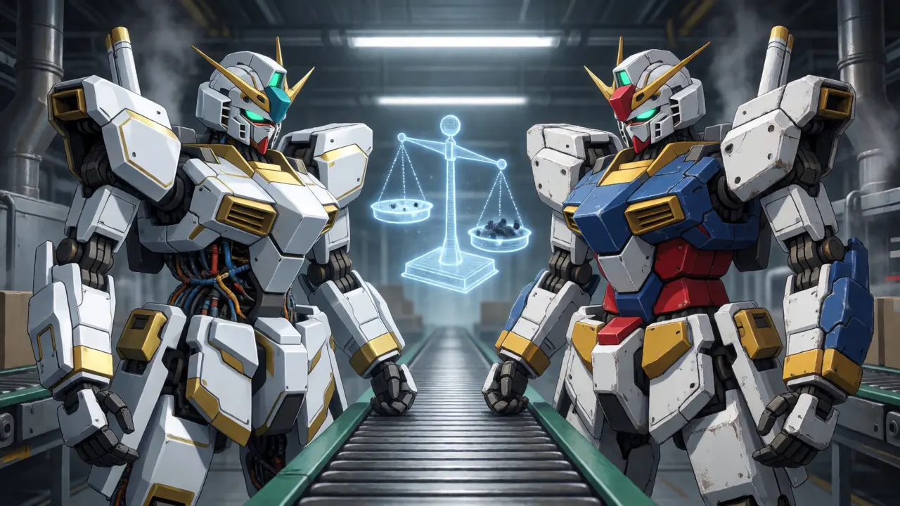 Brand name vs generic mecha drugs compared on an assembly line