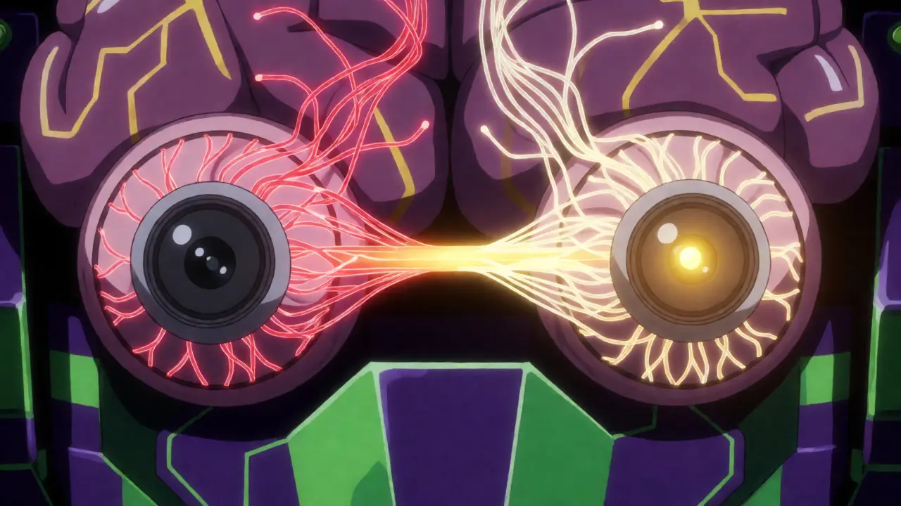 Glowing neural network connecting two eye lenses in mecha aesthetic.